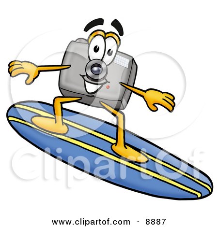 Clipart Picture of a Camera Mascot Cartoon Character Surfing on a Blue and Yellow Surfboard by Mascot Junction