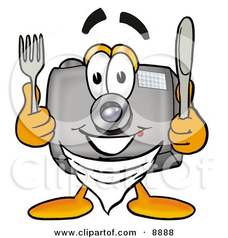 Clipart Picture of a Camera Mascot Cartoon Character Holding a Knife and Fork by Mascot Junction
