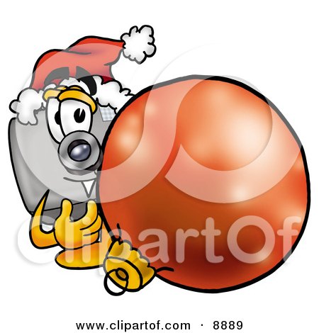 Clipart Picture of a Camera Mascot Cartoon Character Wearing a Santa Hat, Standing With a Christmas Bauble by Mascot Junction