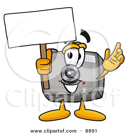 Clipart Picture of a Camera Mascot Cartoon Character Holding a Blank Sign by Mascot Junction