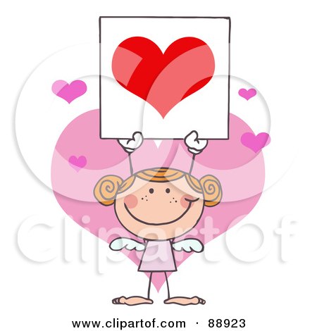Royalty-Free (RF) Clipart Illustration of a Stick Girl Cupid Holding A Red Heart Sign by Hit Toon
