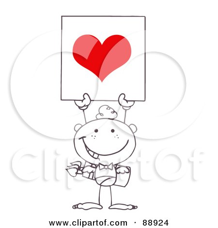 Royalty-Free (RF) Clipart Illustration of an Outlined Stick Cupid Holding A Red Heart Sign by Hit Toon