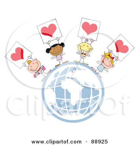 Royalty-Free (RF) Clipart Illustration of Stick Cupids Holding Heart Signs On A Globe by Hit Toon