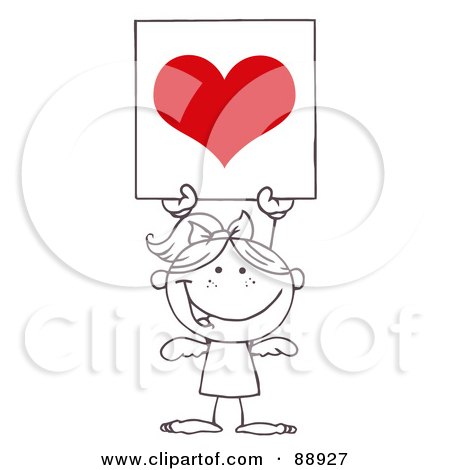 Royalty-Free (RF) Clipart Illustration of an Outlined Female Stick Cupid Holding A Red Heart Sign by Hit Toon