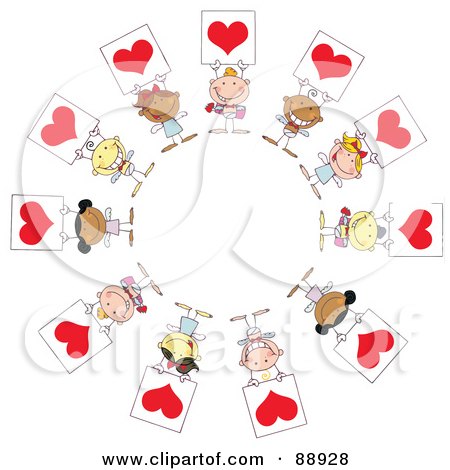 Royalty-Free (RF) Clipart Illustration of Stick Cupids Holding Red Heart Signs In A Circle by Hit Toon