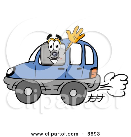 Clipart Picture of a Camera Mascot Cartoon Character Driving a Blue Car and Waving by Mascot Junction