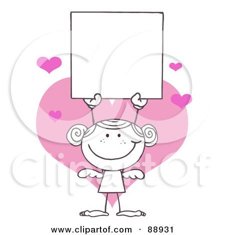 Royalty-Free (RF) Clipart Illustration of an Outlined Female Stick Cupid Holding A Blank Sign by Hit Toon