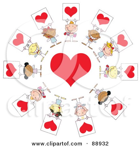 Royalty-Free (RF) Clipart Illustration of Stick Cupids Holding Heart Signs Around A Heart by Hit Toon