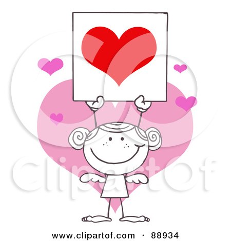 Royalty-Free (RF) Clipart Illustration of an Outlined Girl Stick Cupid Holding A Red Heart Sign by Hit Toon