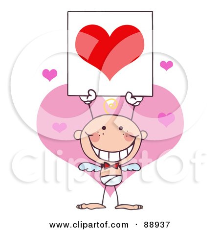 Royalty-Free (RF) Clipart Illustration of a Stick Baby Boy Cupid Holding A Red Heart Sign by Hit Toon