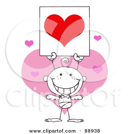 Royalty-Free (RF) Clipart Illustration of an Outlined Baby Boy Stick Cupid Holding A Red Heart Sign by Hit Toon