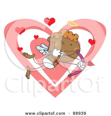 Royalty-Free (RF) Clipart Illustration of a Black Stick Cupid Over Hearts With A Bow And Arrow by Hit Toon
