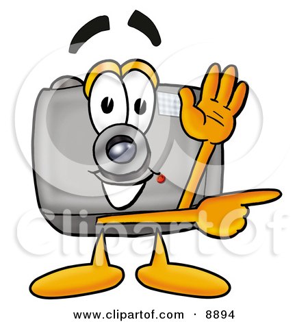 Clipart Picture of a Camera Mascot Cartoon Character Waving and Pointing by Mascot Junction