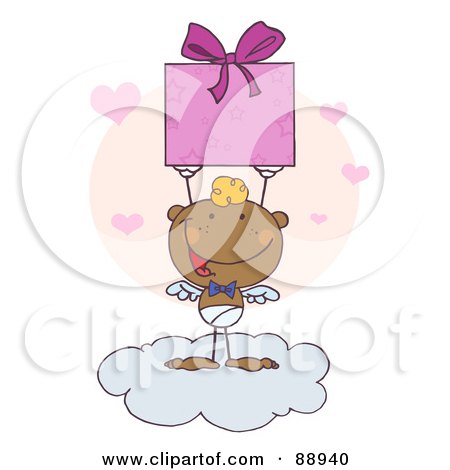 Royalty-Free (RF) Clipart Illustration of a Black Stick Cupid Holding Up A Gift On A Cloud by Hit Toon