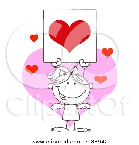 Royalty-Free (RF) Clipart Illustration of an Outlined Female Stick Cupid Holding Up A Red Heart Sign by Hit Toon