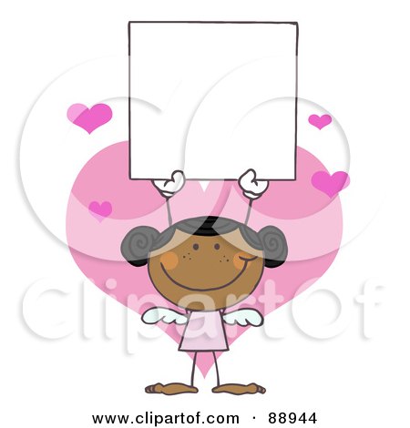 Royalty-Free (RF) Clipart Illustration of a Black Female Stick Cupid Holding A Blank Sign by Hit Toon