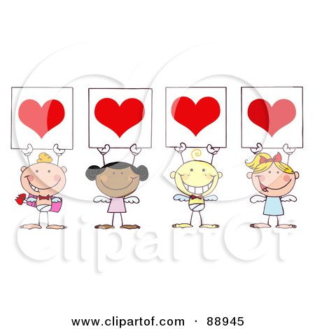 Royalty-Free (RF) Clipart Illustration of Stick Cupids Holding Red Heart Signs by Hit Toon
