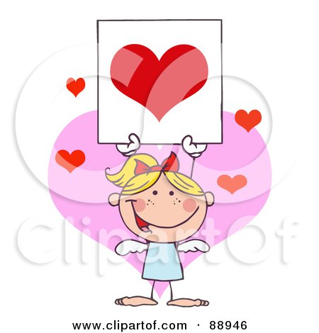 Royalty-Free (RF) Clipart Illustration of a Stick Blond Girl Cupid Holding A Red Heart Sign by Hit Toon