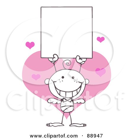 Royalty-Free (RF) Clipart Illustration of an Outlined Male Stick Cupid Holding A Blank Sign by Hit Toon