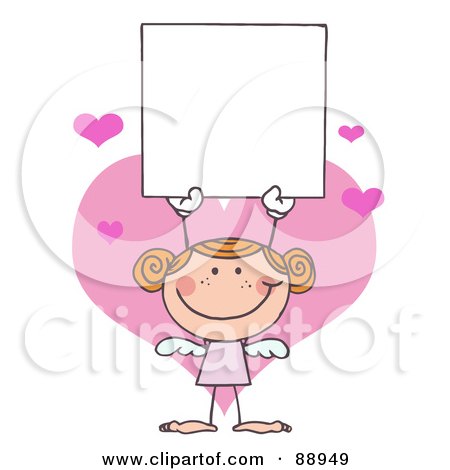 Royalty-Free (RF) Clipart Illustration of a Red Haired Female Stick Cupid Holding A Blank Sign by Hit Toon