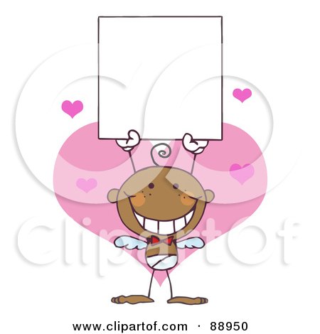 Royalty-Free (RF) Clipart Illustration of a Black Baby Male Stick Cupid Holding A Blank Sign by Hit Toon