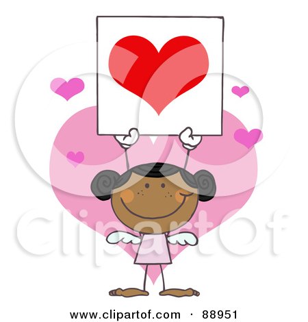 Royalty-Free (RF) Clipart Illustration of a Stick Black Girl Cupid Holding A Red Heart Sign by Hit Toon