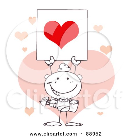 Royalty-Free (RF) Clipart Illustration of an Outlined Stick Cupid Holding A Red Heart Sign In Front Of Pink Hearts by Hit Toon