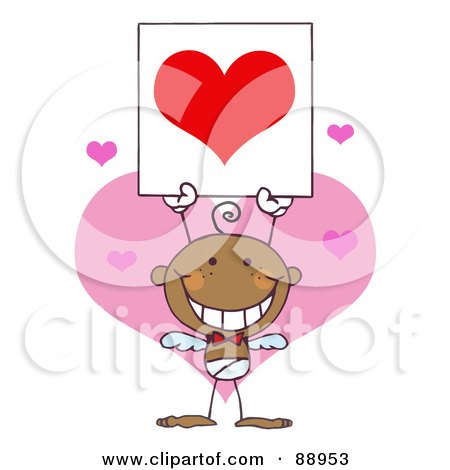 Royalty-Free (RF) Clipart Illustration of a Stick Black Boy Cupid Holding A Red Heart Sign by Hit Toon