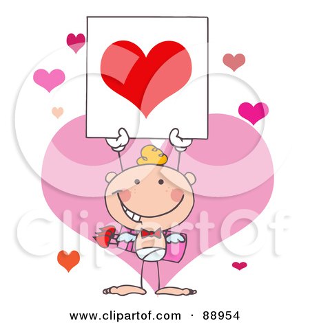Royalty-Free (RF) Clipart Illustration of a White Boy Stick Cupid Holding A Red Heart Sign by Hit Toon