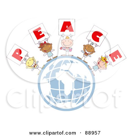 Royalty-Free (RF) Clipart Illustration of Stick Cupids Holding Peace Signs On A Globe by Hit Toon