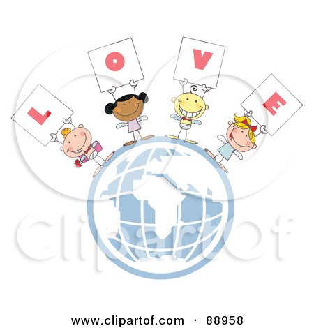Royalty-Free (RF) Clipart Illustration of Stick Cupids Holding LOVE Signs On A Globe by Hit Toon