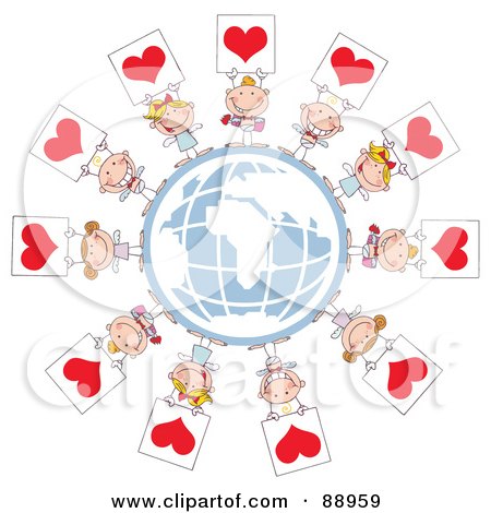 Royalty-Free (RF) Clipart Illustration of Stick Cupids Holding Heart Signs Around A Globe by Hit Toon