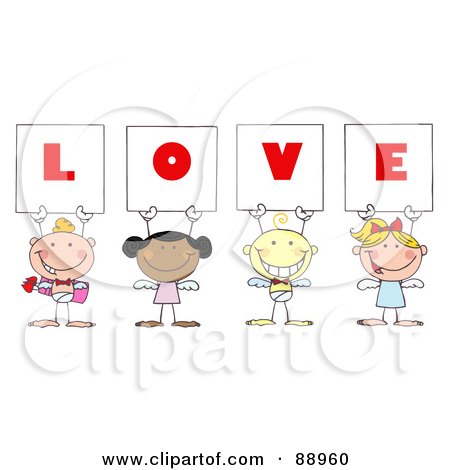 Royalty-Free (RF) Clipart Illustration of Stick Cupids Holding LOVE Signs by Hit Toon