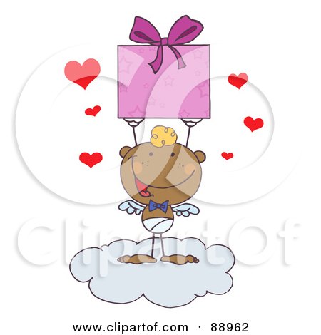 Royalty-Free (RF) Clipart Illustration of a Black Stick Cupid On A Cloud, Holding Up A Gift by Hit Toon