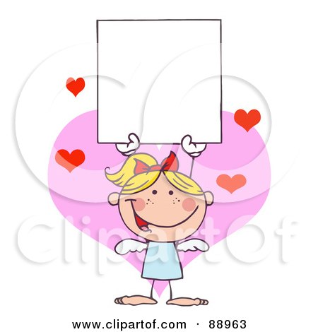 Royalty-Free (RF) Clipart Illustration of a Blond Female Stick Cupid Holding A Blank Sign by Hit Toon