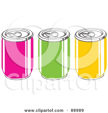 Royalty-Free (RF) Clipart Illustration of a Row Of Pink, Green And Yellow Soda Cans by Prawny