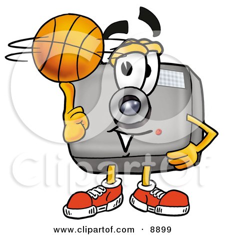 Clipart Picture of a Camera Mascot Cartoon Character Spinning a Basketball on His Finger by Mascot Junction