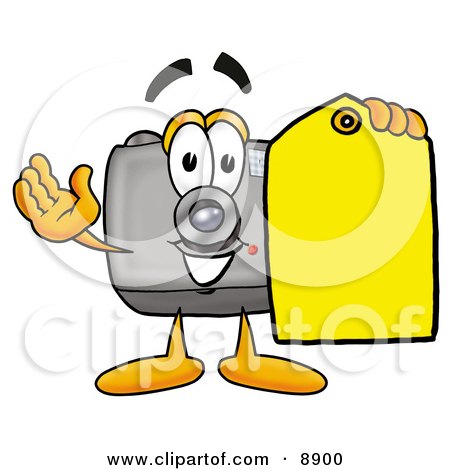 Clipart Picture of a Camera Mascot Cartoon Character Holding a Yellow Sales Price Tag by Mascot Junction