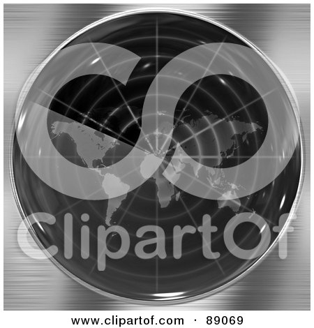Royalty-Free (RF) Clipart Illustration of a Black And Gray Radar Screen With A World Map Over Brushed Metal by Arena Creative
