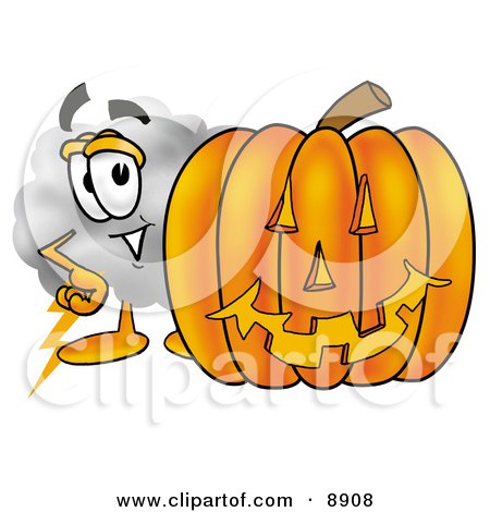 Clipart Picture of a Cloud Mascot Cartoon Character With a Carved Halloween Pumpkin by Mascot Junction
