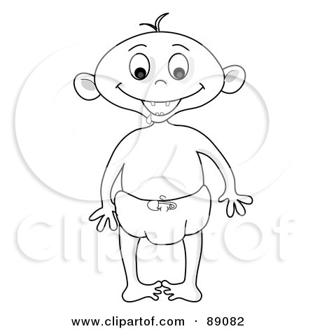 Royalty-Free (RF) Clipart Illustration of an Outlined Baby Boy Standing In A Diaper by Pams Clipart