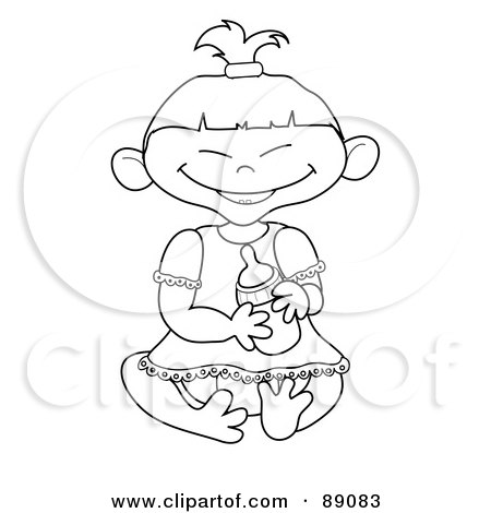 Royalty-Free (RF) Clipart Illustration of an Outlined Asian Baby Girl Holding A Bottle by Pams Clipart