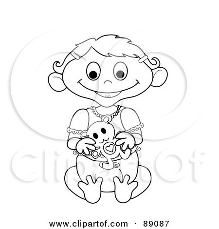Royalty-Free (RF) Clipart Illustration of an Outlined Baby Girl Holding A Teddy Bear - Version 1 by Pams Clipart