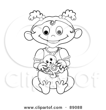 Royalty-Free (RF) Clipart Illustration of an Outlined Baby Girl Holding A Teddy Bear - Version 4 by Pams Clipart