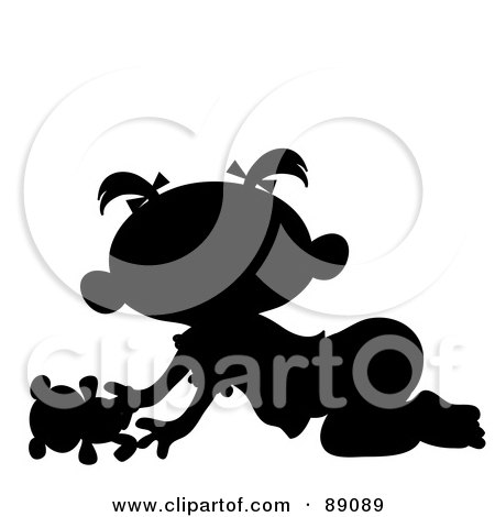 Royalty-Free (RF) Clipart Illustration of a Black Silhouetted Baby Girl Crawling With A Teddy Bear by Pams Clipart