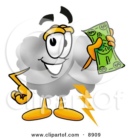 Clipart Picture of a Cloud Mascot Cartoon Character Holding a Dollar Bill by Mascot Junction