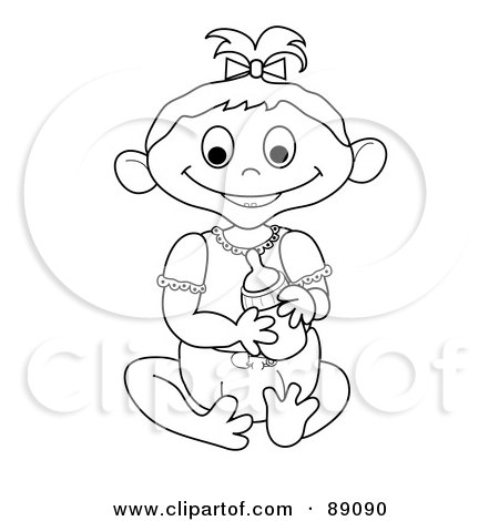 Royalty-Free (RF) Clipart Illustration of an Outlined Baby Girl Holding A Bottle - Version 2 by Pams Clipart