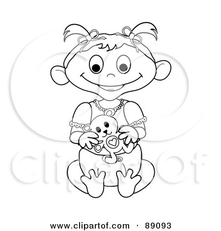 Royalty-Free (RF) Clipart Illustration of an Outlined Baby Girl Holding A Teddy Bear - Version 3 by Pams Clipart