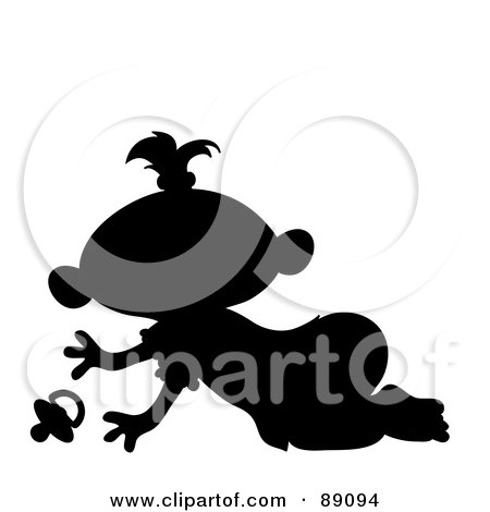 Royalty-Free (RF) Clipart Illustration of a Black Silhouetted Baby Girl Crawling With a Pacifier by Pams Clipart