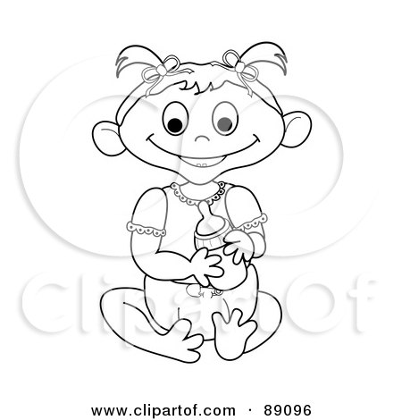 Royalty-Free (RF) Clipart Illustration of an Outlined Baby Girl Holding A Bottle - Version 1 by Pams Clipart